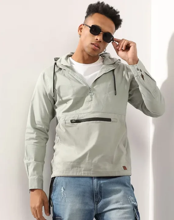 Campus Sutra Men’S Sage Green Half Zip Utility Jacket With Contrast Drawstring